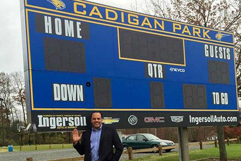 Ingersoll Auto of Danbury's name is on a local sports scoreboard for donating